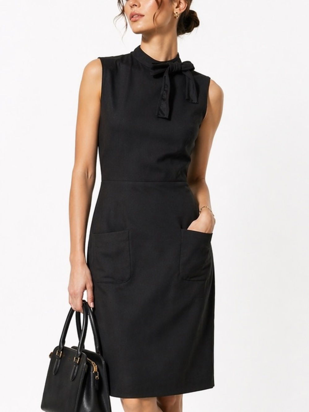 KARL LAGERFELD Paris Black Sheath Dress Bow Neck Sleeveless Pockets Size 4